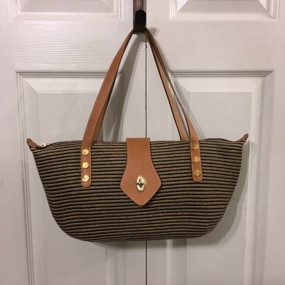 Eric Javits Squishee Woven Straw Shoulder Bag Leather Trim - Picture 1 of 12